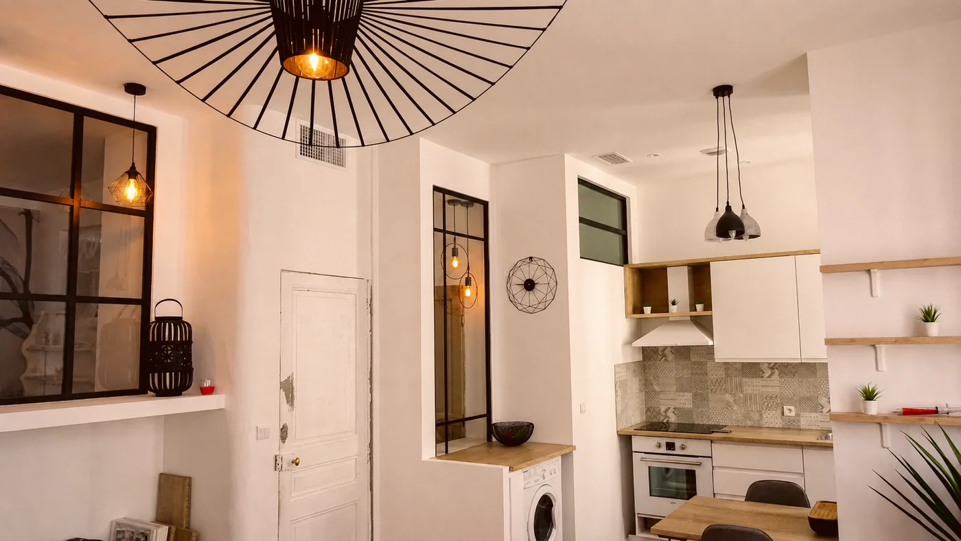Appartement Sainte-Cécile livré : verrière noire, suspensions et cuisine claire.