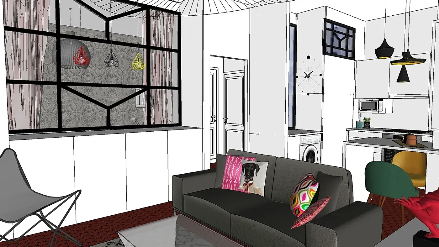 Croquis 3D de l'appartement Sainte-Cécile : verrière, suspensions et cuisine.